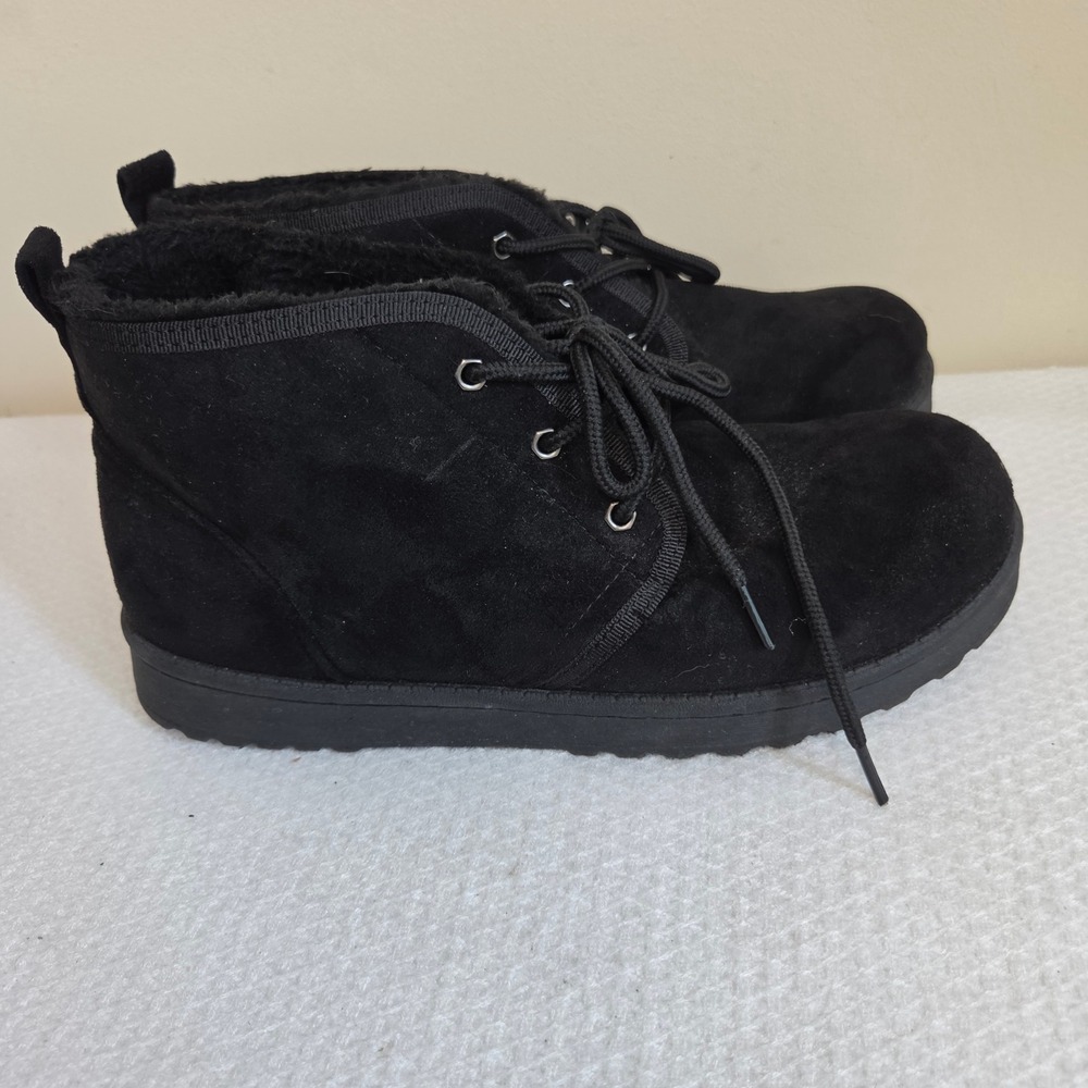 SO Womens Black Faux Suede Lace Up Ankle Boots Faux Fur Lined Size 9
